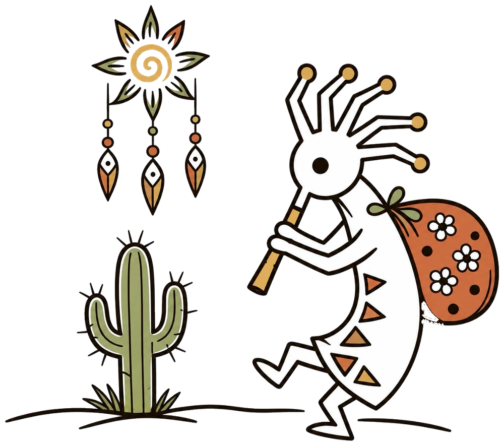 Dessin de Kokopelli, le joueur de flûte bossu des traditions amérindiennes, son sac de graines fleuri sur le dos, accompagné d'un soleil-capteur de rêves et d'un cactus